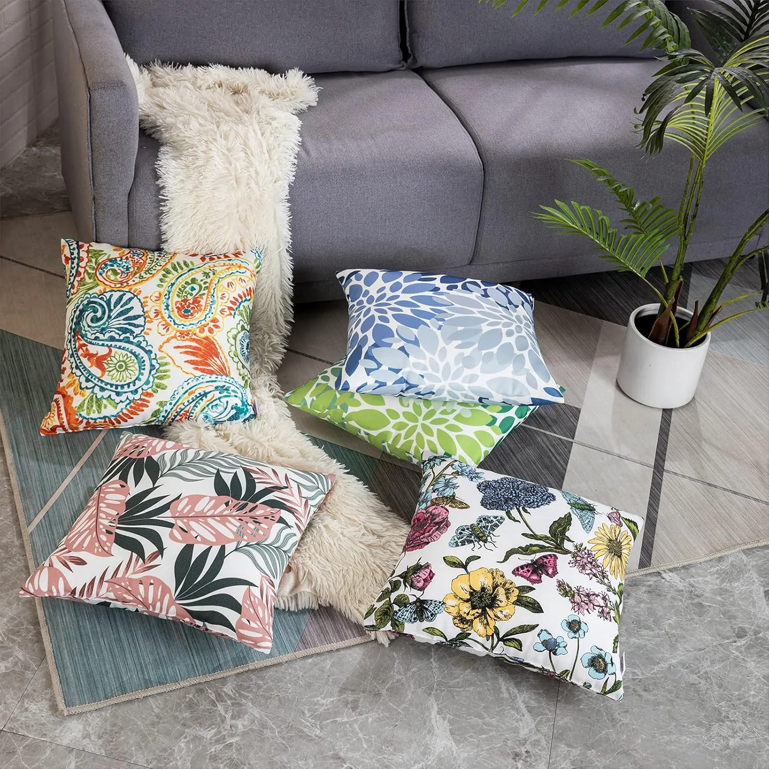 Outdoor/Indoor Throw Pillows, Pack of 2 Waterproof Decorative Throw Pillows with Inserts, 18”x18” Square Pillows for Bed, Couch, Sofa and Patio Furniture (Blue and Grey)