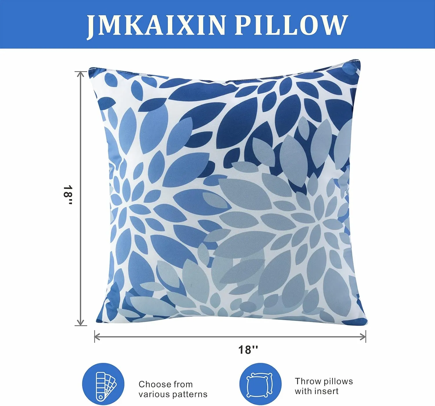 Outdoor/Indoor Throw Pillows, Pack of 2 Waterproof Decorative Throw Pillows with Inserts, 18”x18” Square Pillows for Bed, Couch, Sofa and Patio Furniture (Blue and Grey)