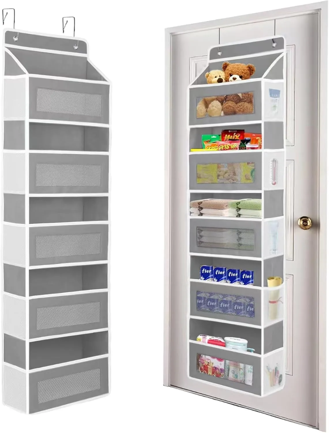 Over the Door Organizer Storage, 5 Shelf Hanging Door Organizer with 5 Large Capacity Pockets, Anti Tilt 44 lb Load Behind Door Storage for Bedroom, Bathroom, Pantry, Nursery, (Light gray)