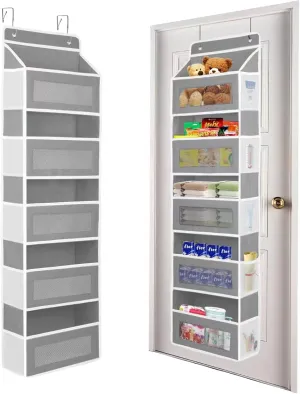 Over the Door Organizer Storage, 5 Shelf Hanging Door Organizer with 5 Large Capacity Pockets, Anti Tilt 44 lb Load Behind Door Storage for Bedroom, Bathroom, Pantry, Nursery, (Light gray)