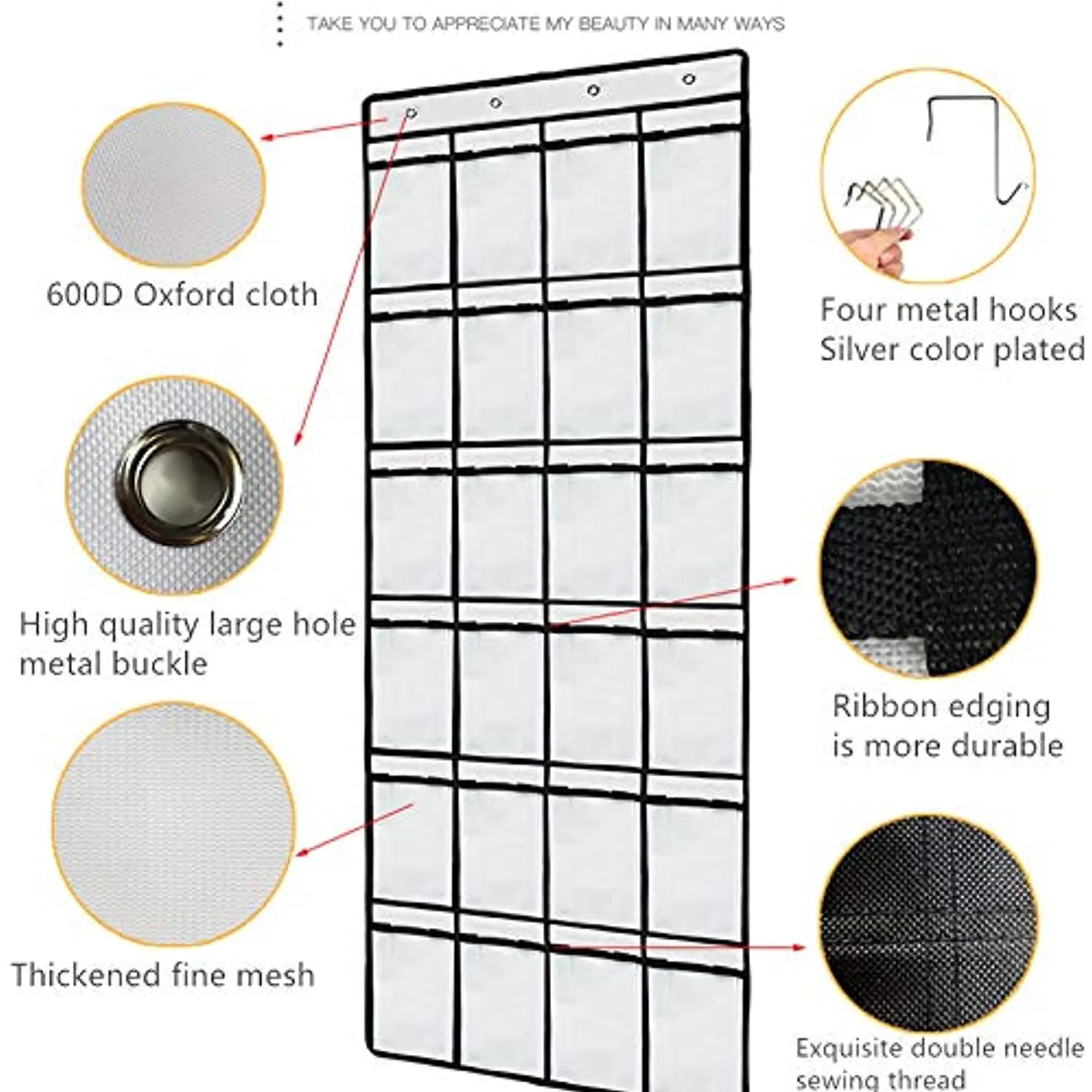 Over the Door Shoe Organizer, 24 Large Mesh Pockets Hanging Shoe Storage Heavy Duty Tidy Rack (WHITE)