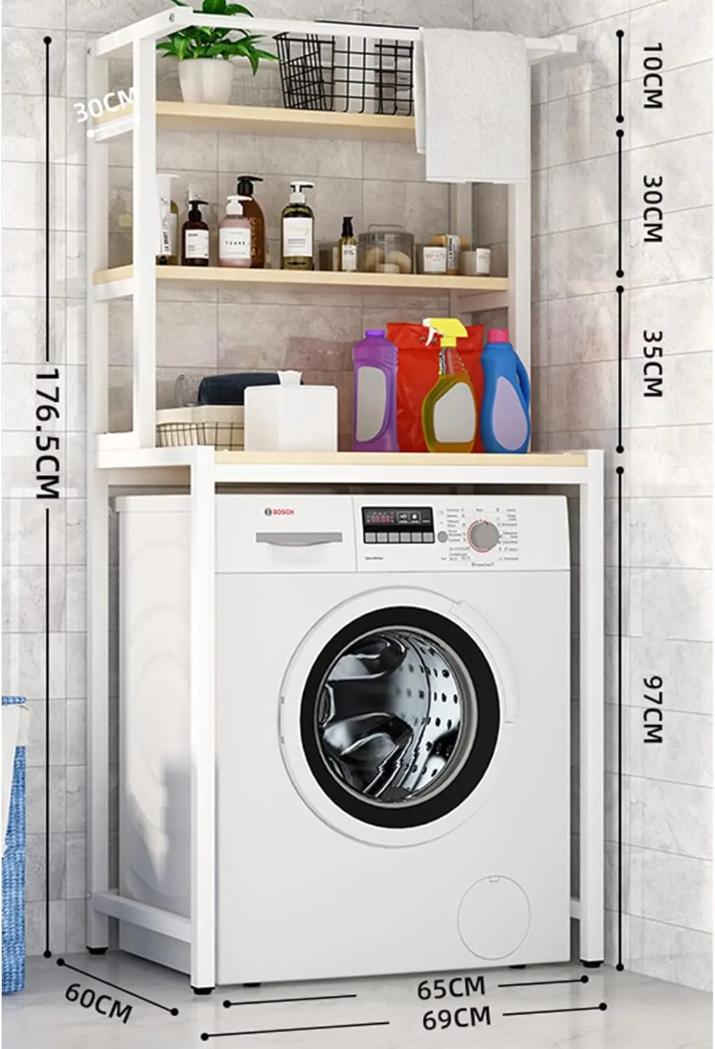 Over The Washer and Dryer Storage Shelf, Bathroom Space Saving Organizer Rack with Clothes Hanging Rod Rail, Balcony Towel Rack Handbag Rack, Bathroom Organization Space Saving Shelving Units