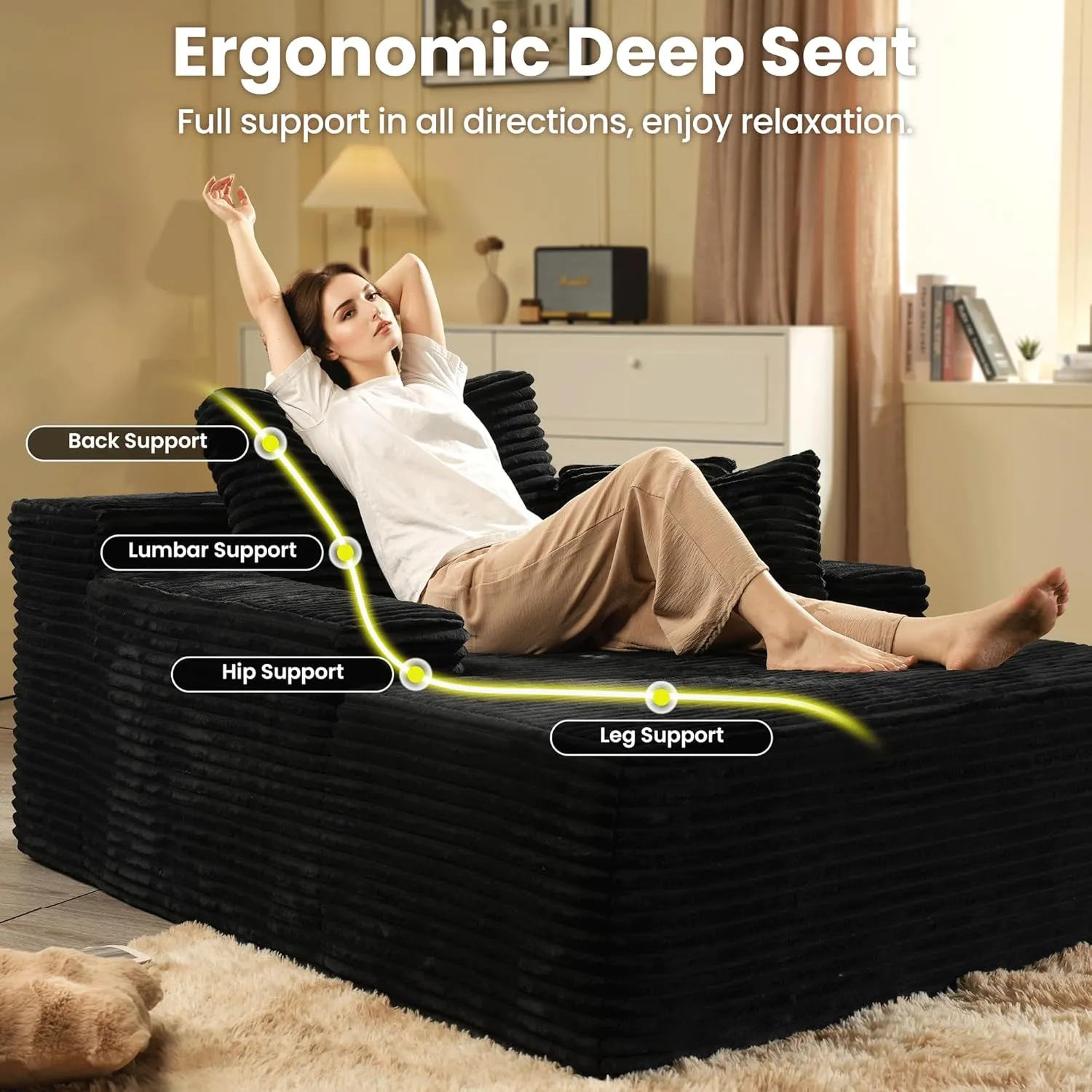 ovios 67'' Chaise Lounge Chair Indoor, Oversized Upholstered Sofa Bed, Sleeper Couch Reading Chairs Fluffy Plush Faux Fur Cloud Sofas Couches for Living Room, Black