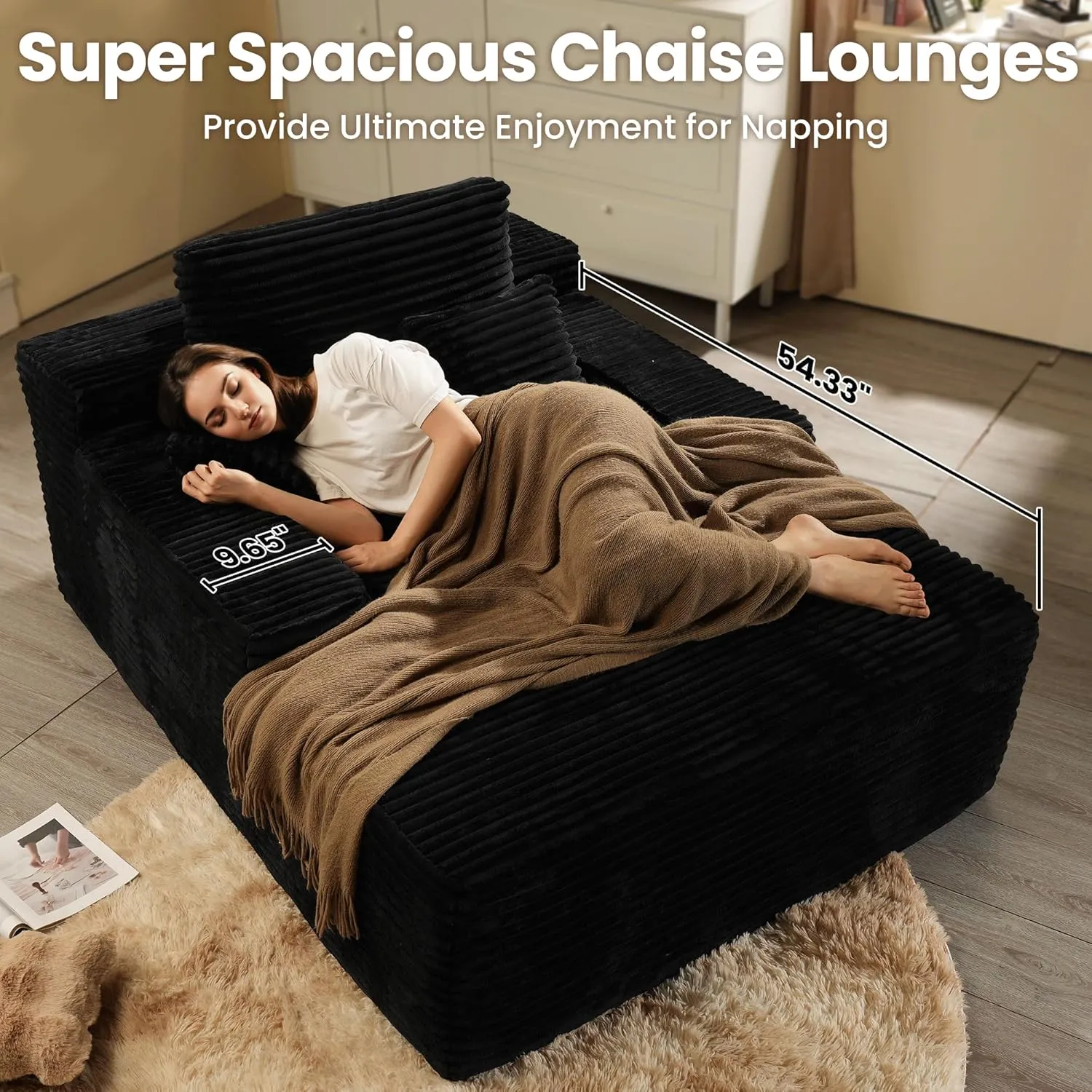 ovios 67'' Chaise Lounge Chair Indoor, Oversized Upholstered Sofa Bed, Sleeper Couch Reading Chairs Fluffy Plush Faux Fur Cloud Sofas Couches for Living Room, Black