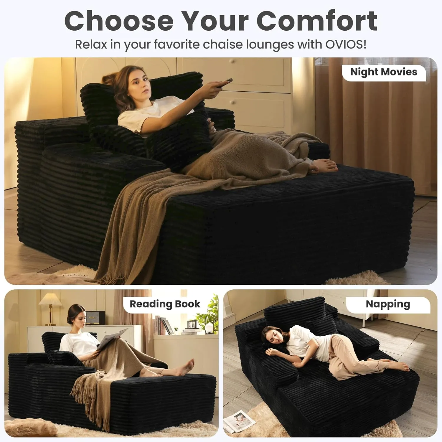 ovios 67'' Chaise Lounge Chair Indoor, Oversized Upholstered Sofa Bed, Sleeper Couch Reading Chairs Fluffy Plush Faux Fur Cloud Sofas Couches for Living Room, Black