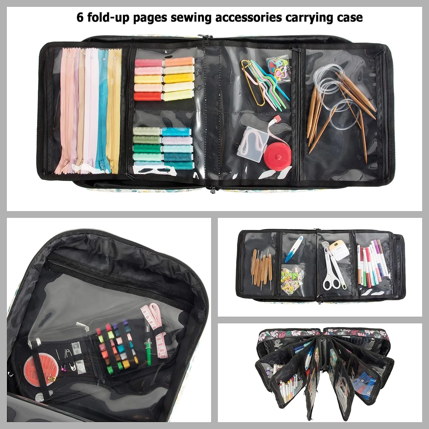 PACMAXI Sewing Accessories Storage Bag, Knitting & Craft Tools Organizer, Roomy Carrying Bag for Sewing Tools and Accessories (Flower with Black Background)