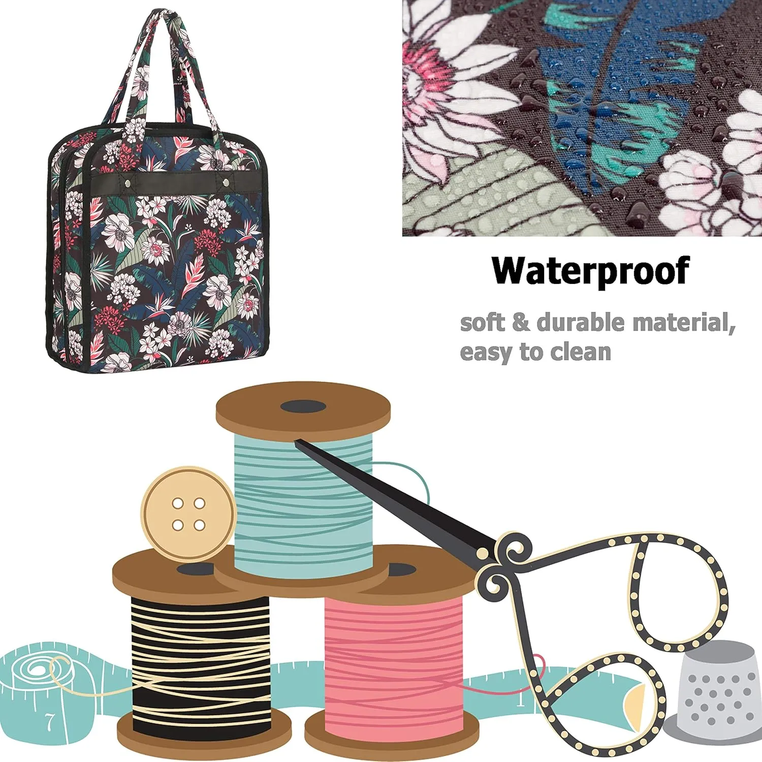 PACMAXI Sewing Accessories Storage Bag, Knitting & Craft Tools Organizer, Roomy Carrying Bag for Sewing Tools and Accessories (Flower with Black Background)