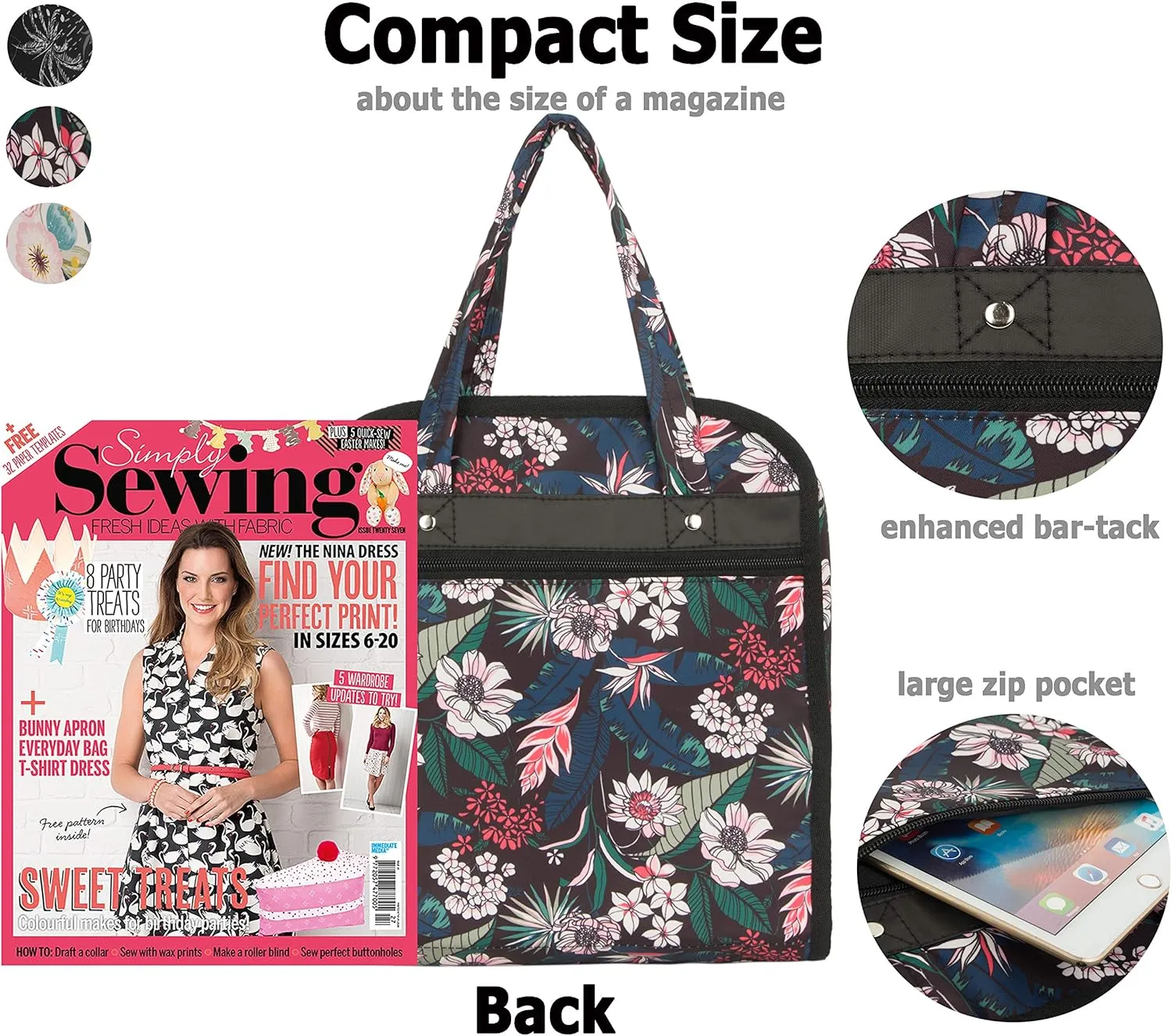 PACMAXI Sewing Accessories Storage Bag, Knitting & Craft Tools Organizer, Roomy Carrying Bag for Sewing Tools and Accessories (Flower with Black Background)
