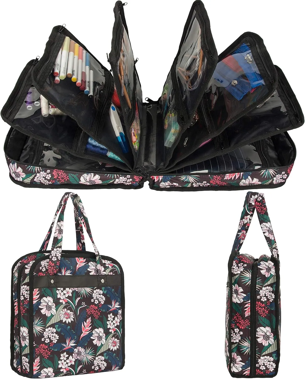 PACMAXI Sewing Accessories Storage Bag, Knitting & Craft Tools Organizer, Roomy Carrying Bag for Sewing Tools and Accessories (Flower with Black Background)