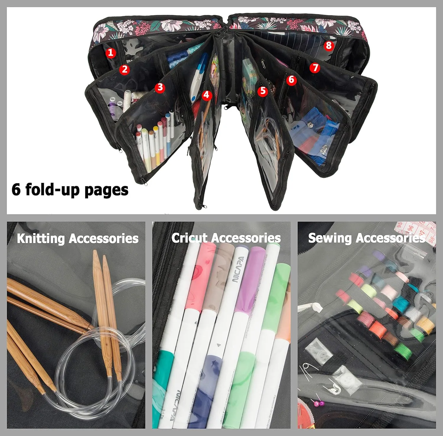 PACMAXI Sewing Accessories Storage Bag, Knitting & Craft Tools Organizer, Roomy Carrying Bag for Sewing Tools and Accessories (Flower with Black Background)