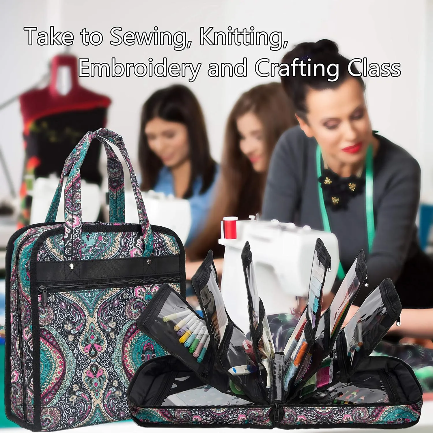 PACMAXI Sewing Accessories Storage Bag, Knitting, Craft Tools and Accessories Organizer, Roomy Carrying Bag for Sewing Tools and Accessories(Paisley)