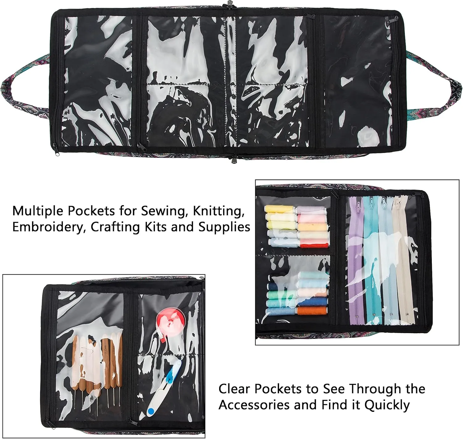 PACMAXI Sewing Accessories Storage Bag, Knitting, Craft Tools and Accessories Organizer, Roomy Carrying Bag for Sewing Tools and Accessories(Paisley)