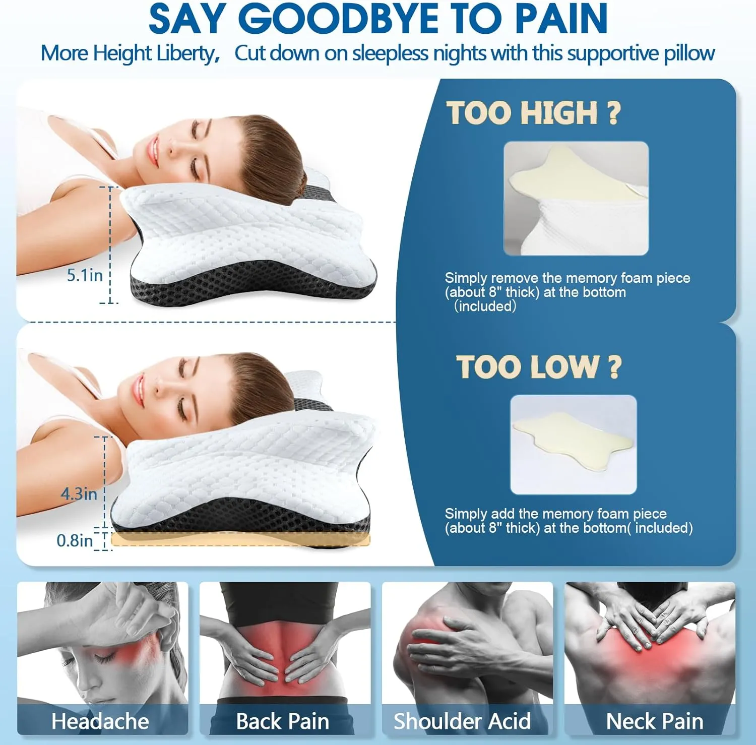 Pain Relief Cervical Pillow for Neck Support,Adjustable Ergonomic Pillow Cozy Sleeping,Odorless Orthopedic Memory Foam Pillows,Contour Bed Pillow for Side Back Stomach Sleeper