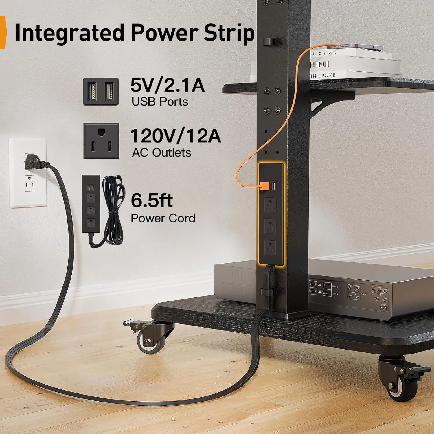 Perlegear Mobile TV Stand with Power Outlet, Tilt & Swivel Rolling TV Cart for 32 to 65 70 75 inch TVs up to 110 lbs, Height Adjustable Rolling TV Stand with Wheels, Max VESA 600x400mm, PGTVMC17