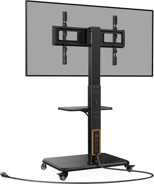 Perlegear Mobile TV Stand with Power Outlet, Tilt & Swivel Rolling TV Cart for 32 to 65 70 75 inch TVs up to 110 lbs, Height Adjustable Rolling TV Stand with Wheels, Max VESA 600x400mm, PGTVMC17