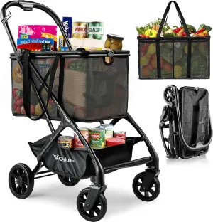 Personal Shopping Cart Foldable, 75Lbs Folding Shopping Cart with Wheels Removable Basket, One-Click Folding, Portable Collapsible Shopping Cart for Groceries, Laundry, Camping etc