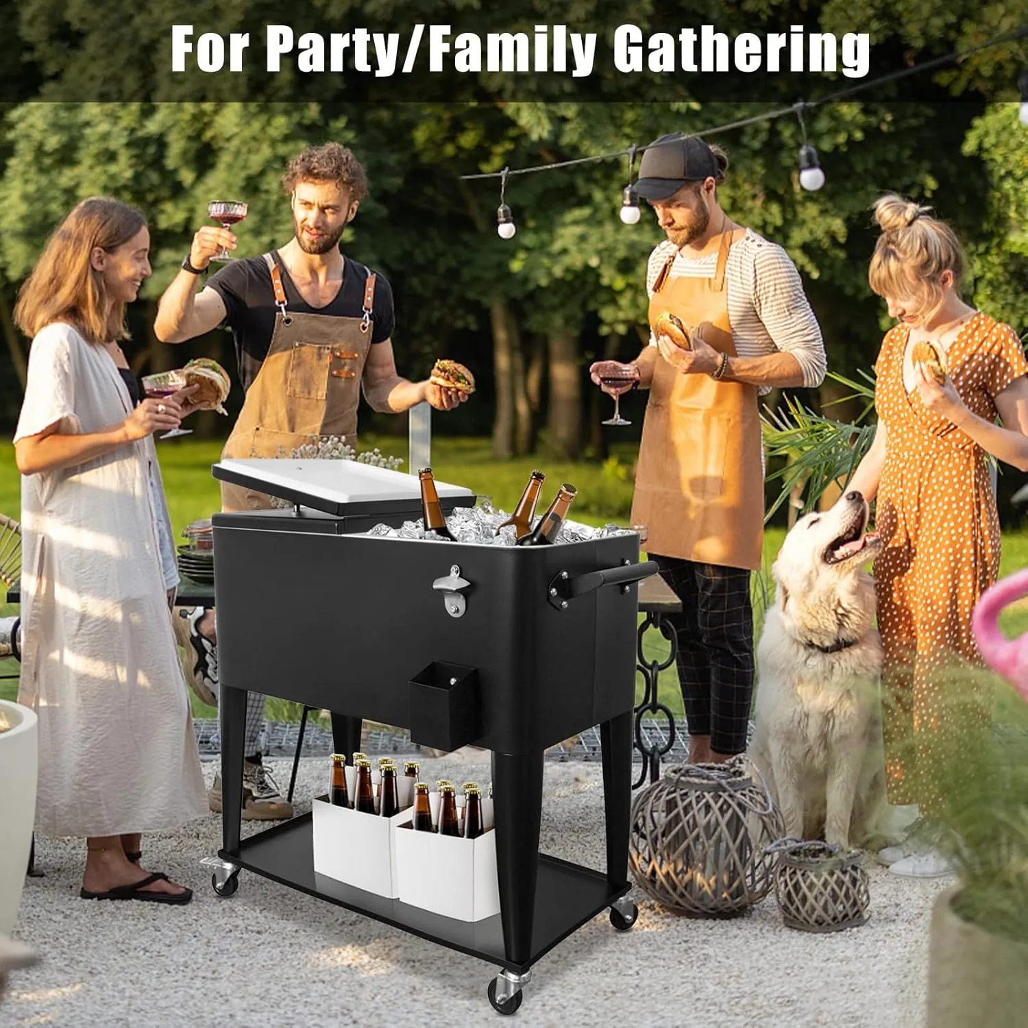 PetGirl Portable Rolling Cooler Ice Chest Cart Trolley for Outdoor Patio Deck Party Beer Cooler Cart Cover 80Quart Qt Rolling Cooler on Wheels Backyard Party Drink Beverage Bar Bottle Opener