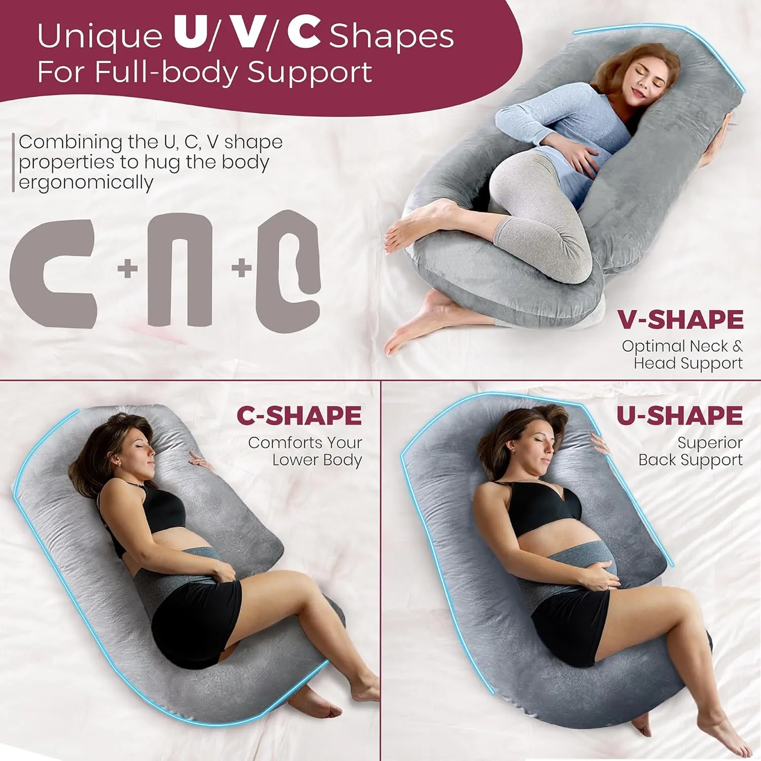PILLANI Pregnancy Pillows for Sleeping - V C U Shaped Full Body Pillow with Removable Cover, 57inch Cooling Maternity Pillow for Pregnant Women, Support for Back Belly Legs Hip - Pregnancy Must Haves