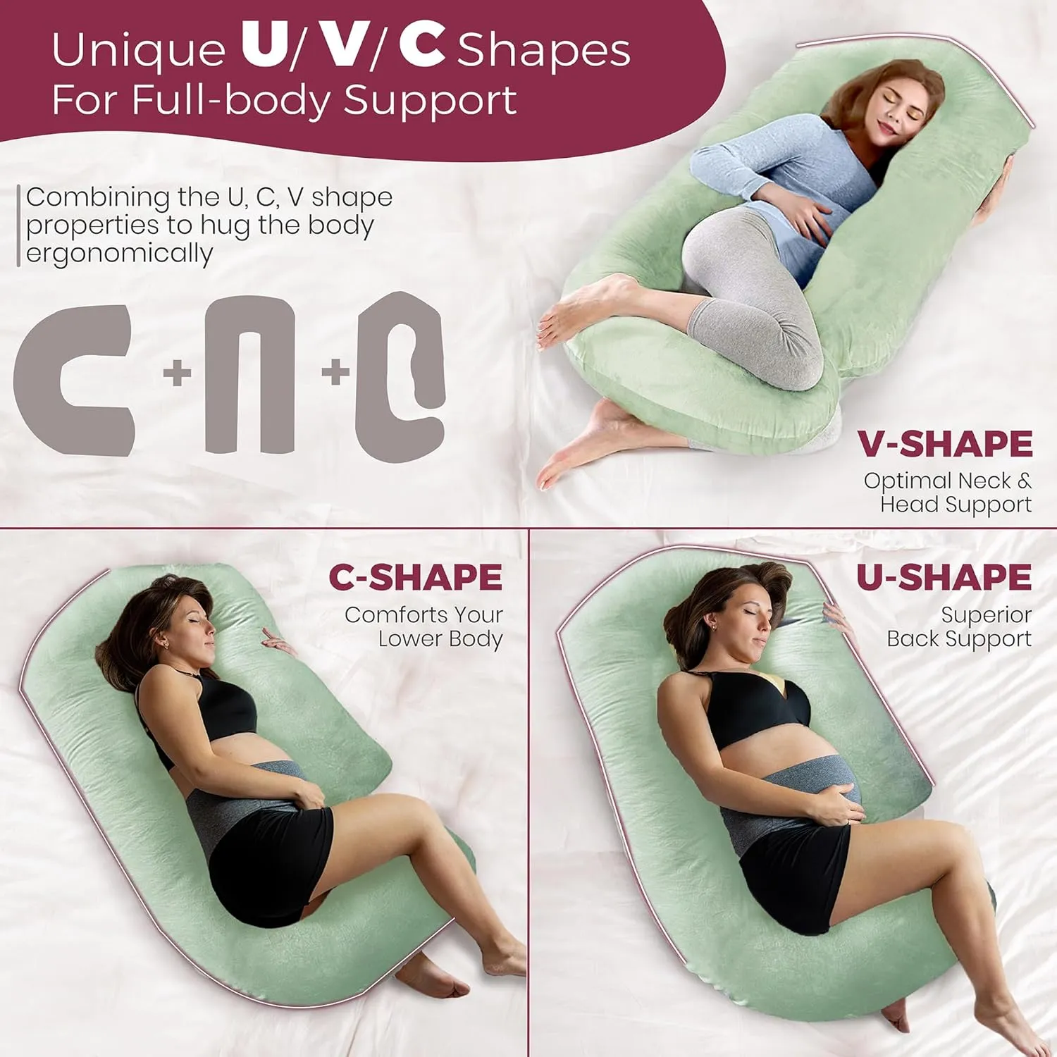 PILLANI Pregnancy Pillows for Sleeping - V C U Shaped Full Body Pillows for Adults with Removable Washable Cover, 57inch Cooling Maternity Pillow for Pregnant Women, Support for Back Belly Legs