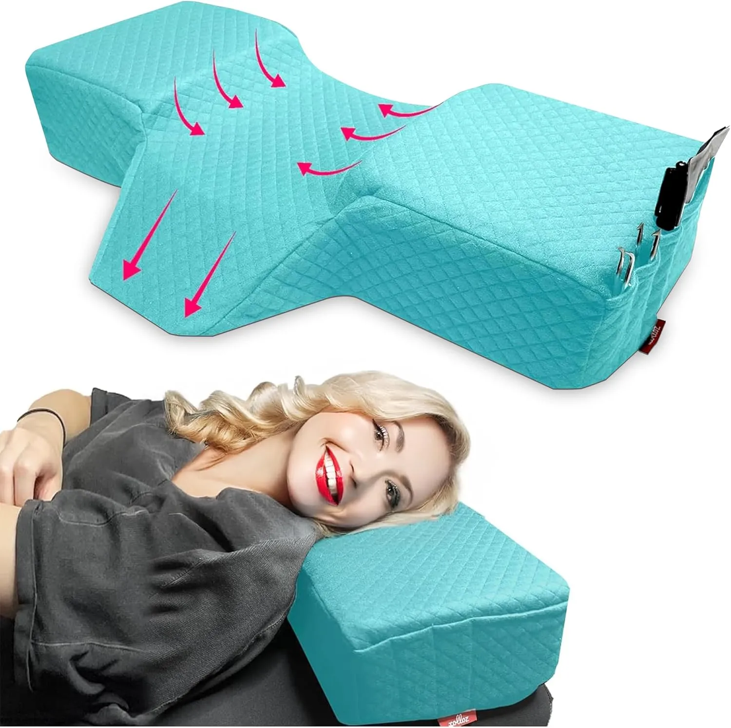 Pillow for Eyelash Extensions - Curved Memory Foam Lash Bed Pillow with Neck and Back Support, Perfect Pillow for Eyelash Extensions, Two Pockets for Tools On The Sides of Pillow (Blue)