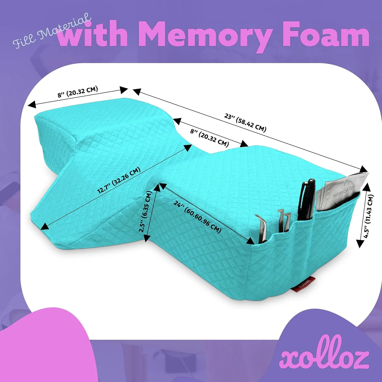 Pillow for Eyelash Extensions - Curved Memory Foam Lash Bed Pillow with Neck and Back Support, Perfect Pillow for Eyelash Extensions, Two Pockets for Tools On The Sides of Pillow (Blue)