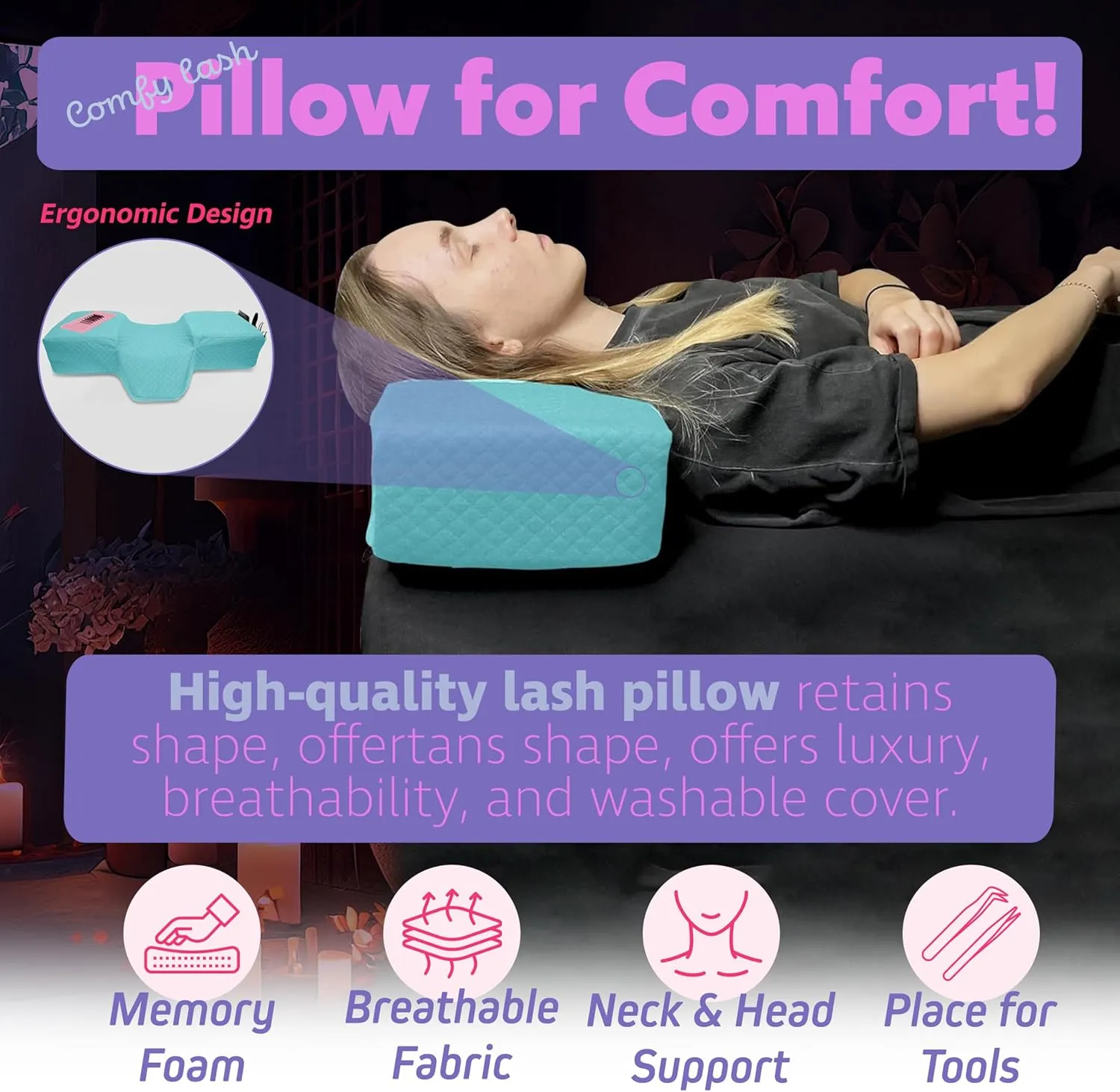Pillow for Eyelash Extensions - Curved Memory Foam Lash Bed Pillow with Neck and Back Support, Perfect Pillow for Eyelash Extensions, Two Pockets for Tools On The Sides of Pillow (Blue)