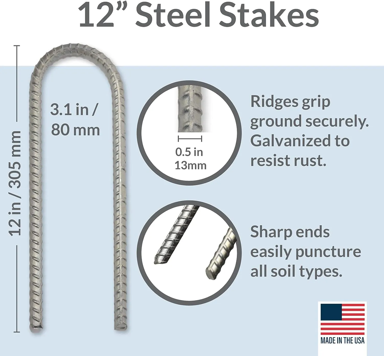 Pinnacle Mercantile Galvanized Set 4 or 8 Trampoline Anchors Stakes Extra Heavy Duty Metal Ground Anchors 12 Inch Long - 1/2 inch Round Made USA