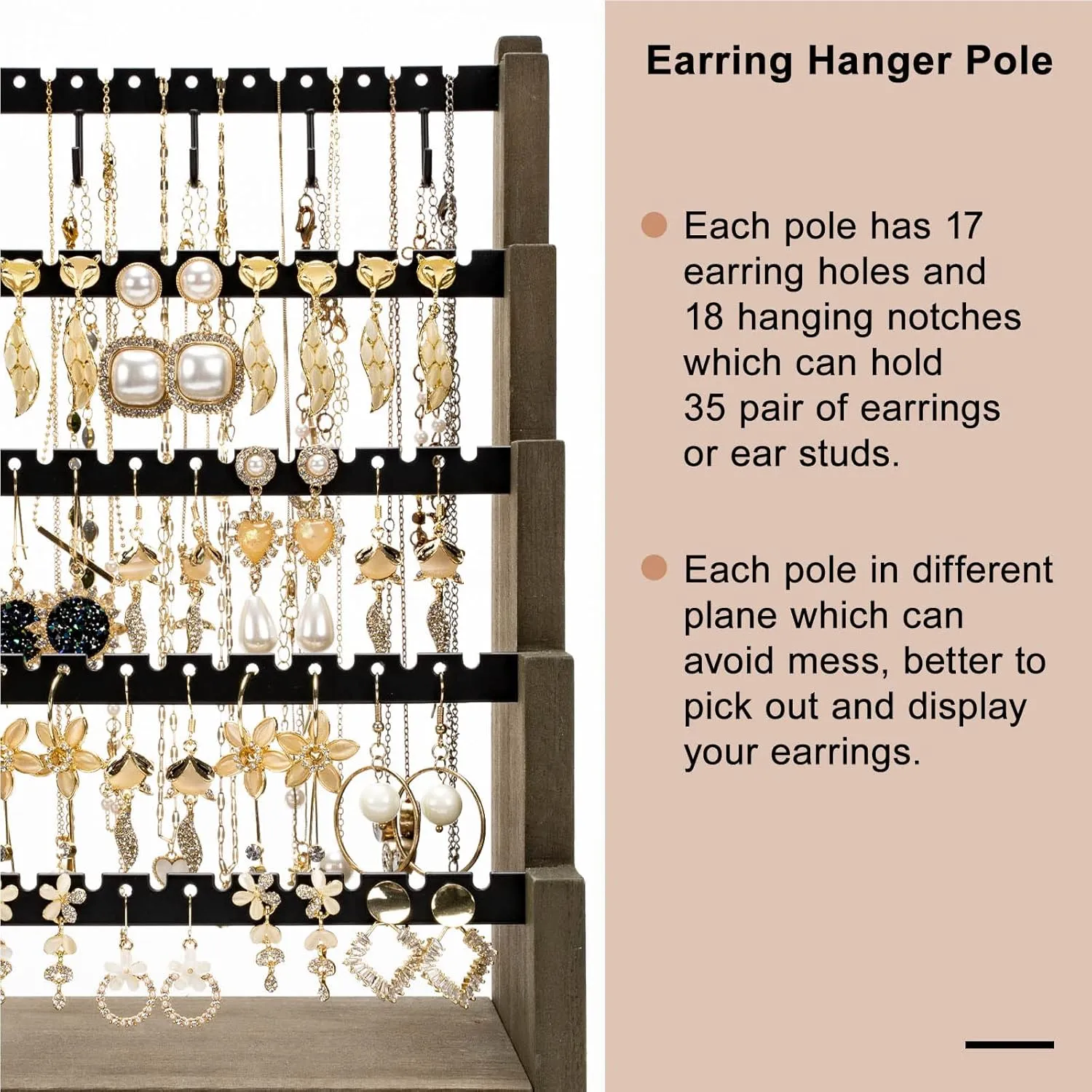 Pinzoveco Earring Organizer, 5 Layer Earring Holder Organizer with Necklace Holder Pole, Rustic Wood Jewelry Organizer Stand Display for Stud Earring Bracelet Necklace Ring, 175 Earring Holes