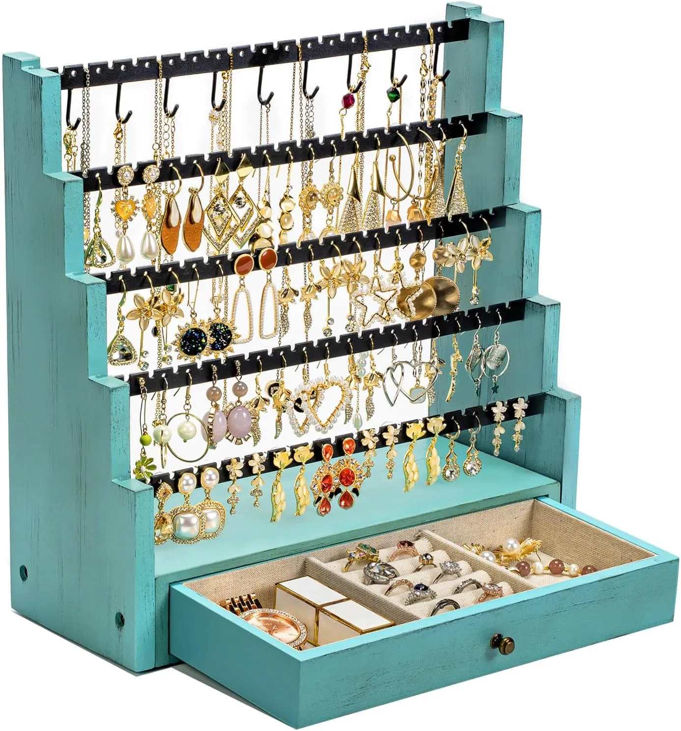 Pinzoveco Earring Organizer, 5 Layer Earring Holder Organizer with Necklace Holder Pole, Rustic Wood Jewelry Organizer Stand Display for Stud Earring Bracelet Necklace Ring, 175 Earring Holes