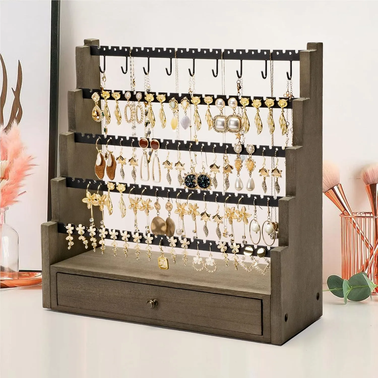 Pinzoveco Earring Organizer, 5 Layer Earring Holder Organizer with Necklace Holder Pole, Rustic Wood Jewelry Organizer Stand Display for Stud Earring Bracelet Necklace Ring, 175 Earring Holes
