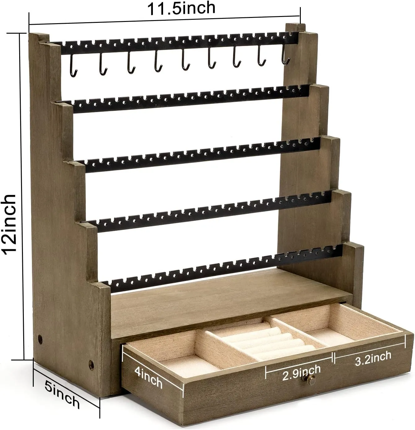 Pinzoveco Earring Organizer, 5 Layer Earring Holder Organizer with Necklace Holder Pole, Rustic Wood Jewelry Organizer Stand Display for Stud Earring Bracelet Necklace Ring, 175 Earring Holes