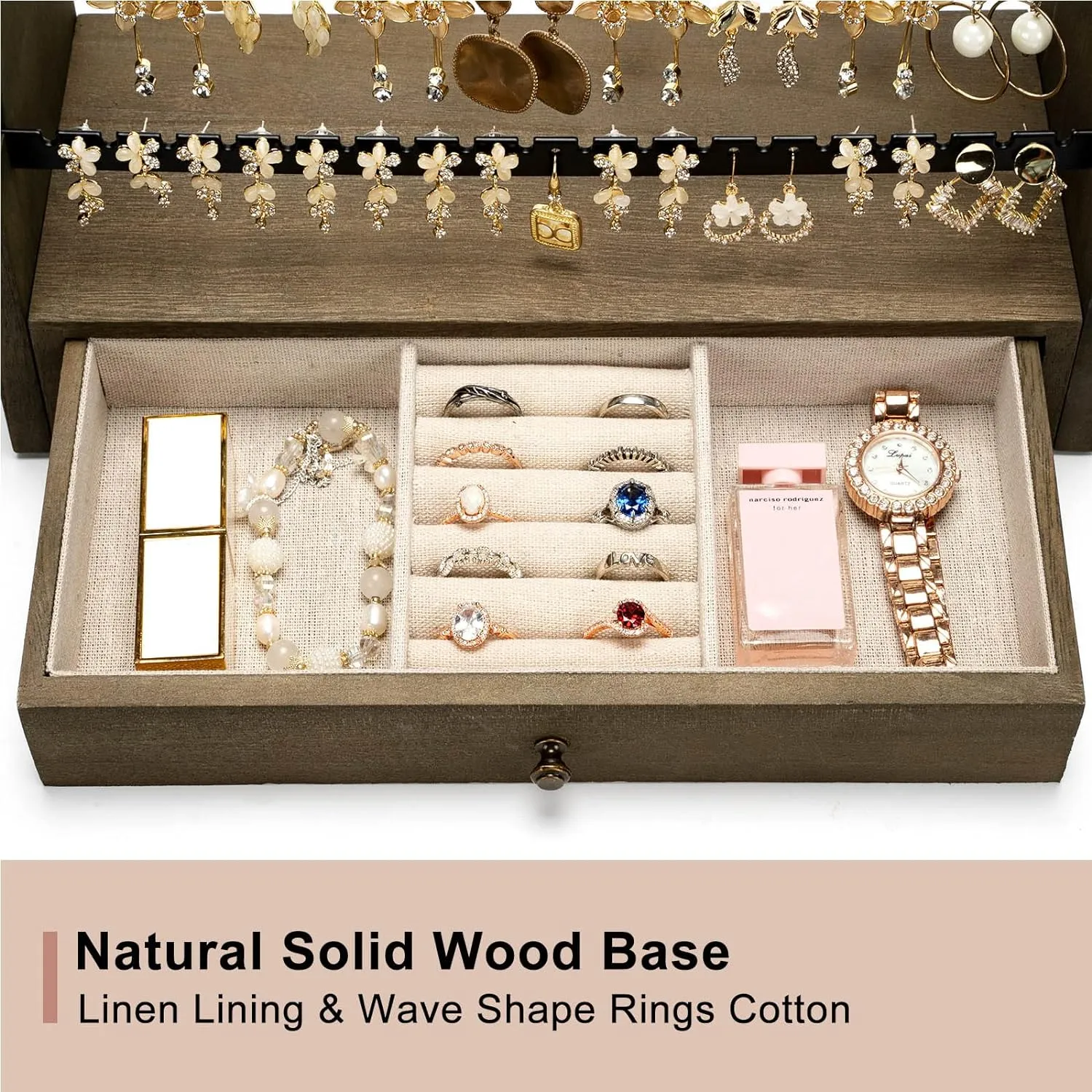 Pinzoveco Earring Organizer, 5 Layer Earring Holder Organizer with Necklace Holder Pole, Rustic Wood Jewelry Organizer Stand Display for Stud Earring Bracelet Necklace Ring, 175 Earring Holes