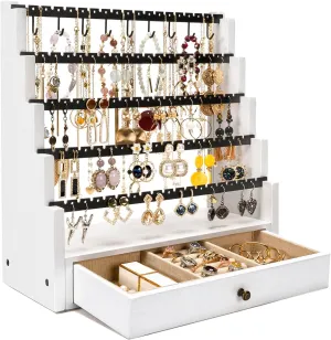 Pinzoveco Earring Organizer, 5 Layer Earring Holder Organizer with Necklace Holder Pole, Rustic Wood Jewelry Organizer Stand Display for Stud Earring Bracelet Necklace Ring, 175 Earring Holes