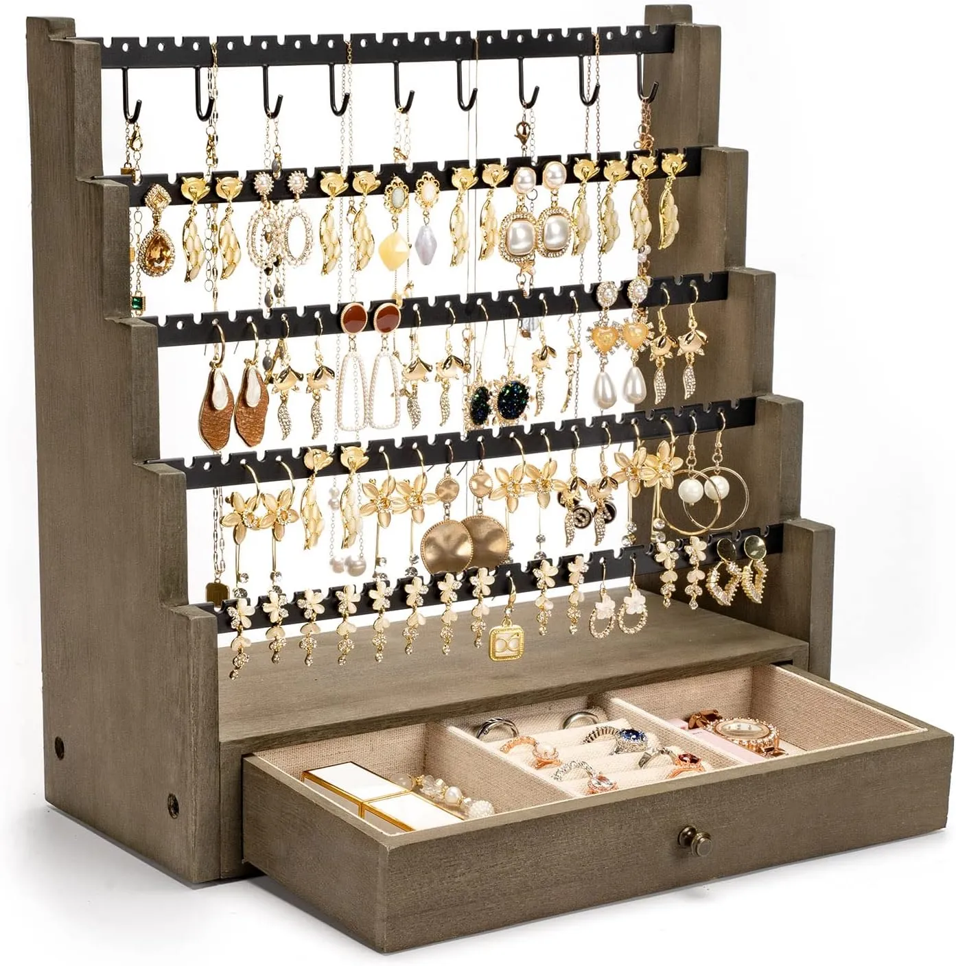 Pinzoveco Earring Organizer, 5 Layer Earring Holder Organizer with Necklace Holder Pole, Rustic Wood Jewelry Organizer Stand Display for Stud Earring Bracelet Necklace Ring, 175 Earring Holes