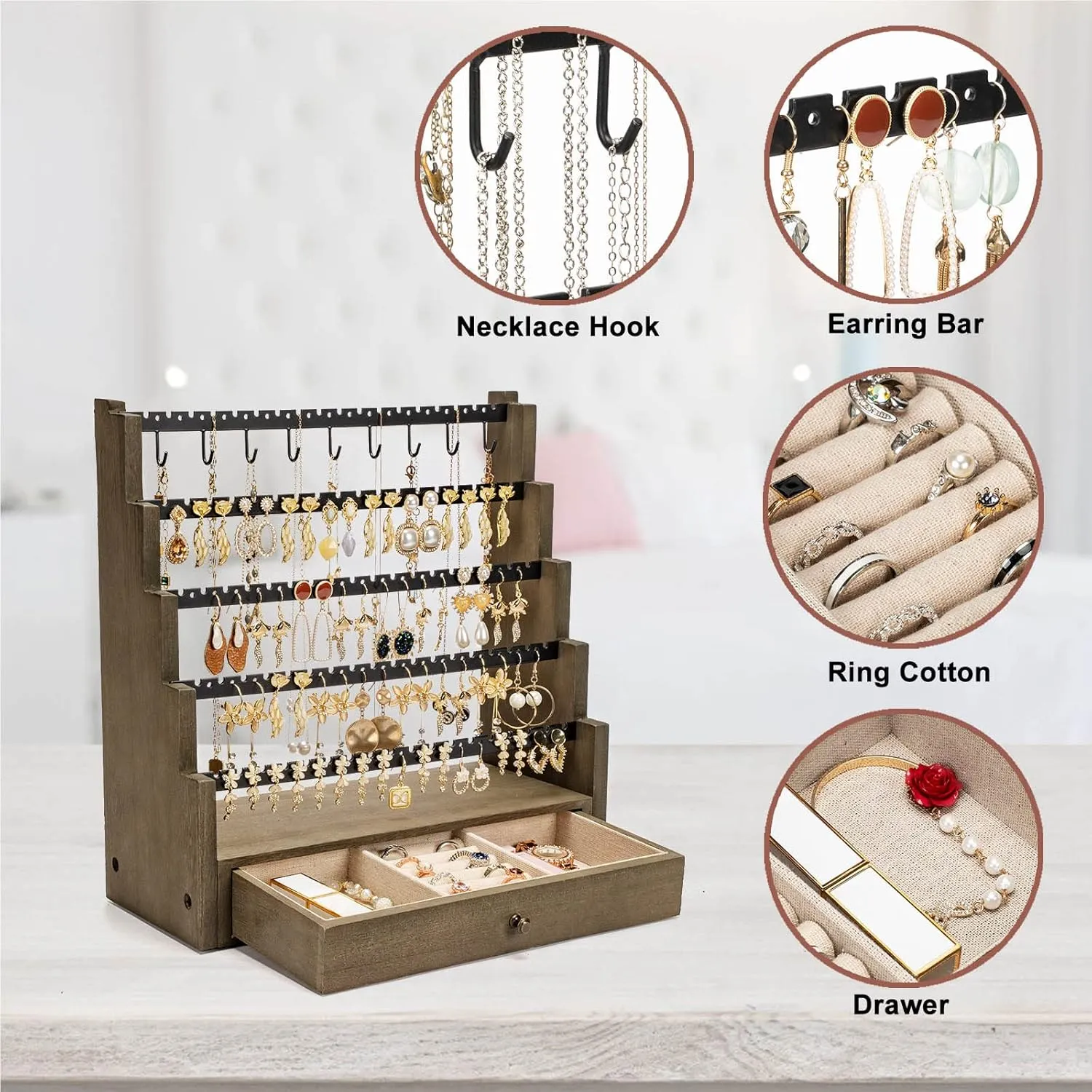 Pinzoveco Earring Organizer, 5 Layer Earring Holder Organizer with Necklace Holder Pole, Rustic Wood Jewelry Organizer Stand Display for Stud Earring Bracelet Necklace Ring, 175 Earring Holes