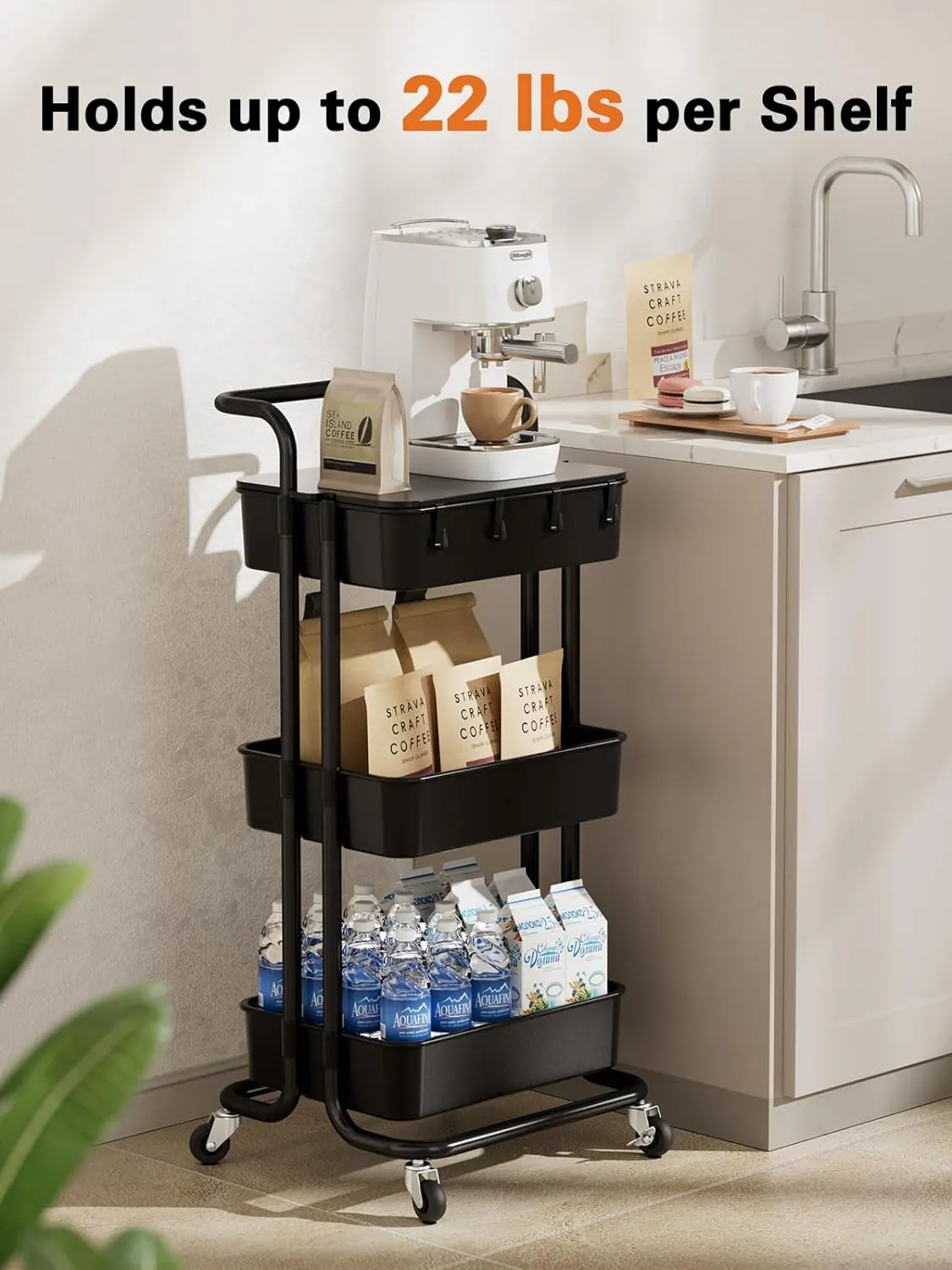 Pipishell 3 Tier Rolling Cart with Table Top, Utility Cart with Wheels & 4 Hooks, Rolling Storage Cart for Home Storage and Organization, Black, PIUC09B