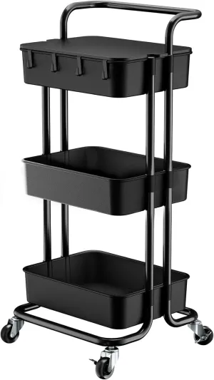 Pipishell 3 Tier Rolling Cart with Table Top, Utility Cart with Wheels & 4 Hooks, Rolling Storage Cart for Home Storage and Organization, Black, PIUC09B