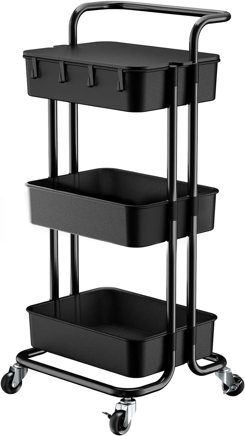 Pipishell 3 Tier Rolling Cart with Table Top, Utility Cart with Wheels & 4 Hooks, Rolling Storage Cart for Home Storage and Organization, Black, PIUC09B