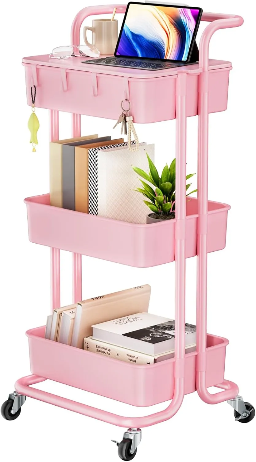 Pipishell 3 Tier Rolling Cart with Table Top, Utility Cart with Wheels & 4 Hooks, Rolling Storage Cart for Home Storage and Organization, Pink, PIUC09P