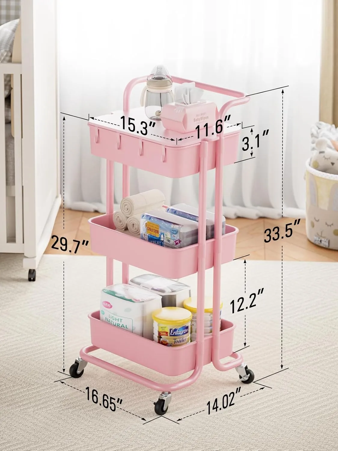 Pipishell 3 Tier Rolling Cart with Table Top, Utility Cart with Wheels & 4 Hooks, Rolling Storage Cart for Home Storage and Organization, Pink, PIUC09P