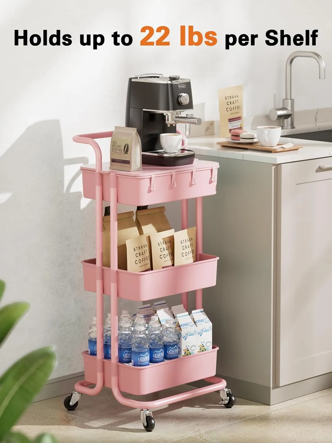 Pipishell 3 Tier Rolling Cart with Table Top, Utility Cart with Wheels & 4 Hooks, Rolling Storage Cart for Home Storage and Organization, Pink, PIUC09P