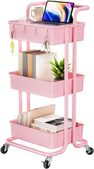 Pipishell 3 Tier Rolling Cart with Table Top, Utility Cart with Wheels & 4 Hooks, Rolling Storage Cart for Home Storage and Organization, Pink, PIUC09P