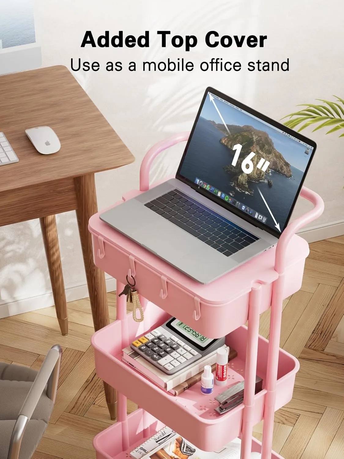 Pipishell 3 Tier Rolling Cart with Table Top, Utility Cart with Wheels & 4 Hooks, Rolling Storage Cart for Home Storage and Organization, Pink, PIUC09P