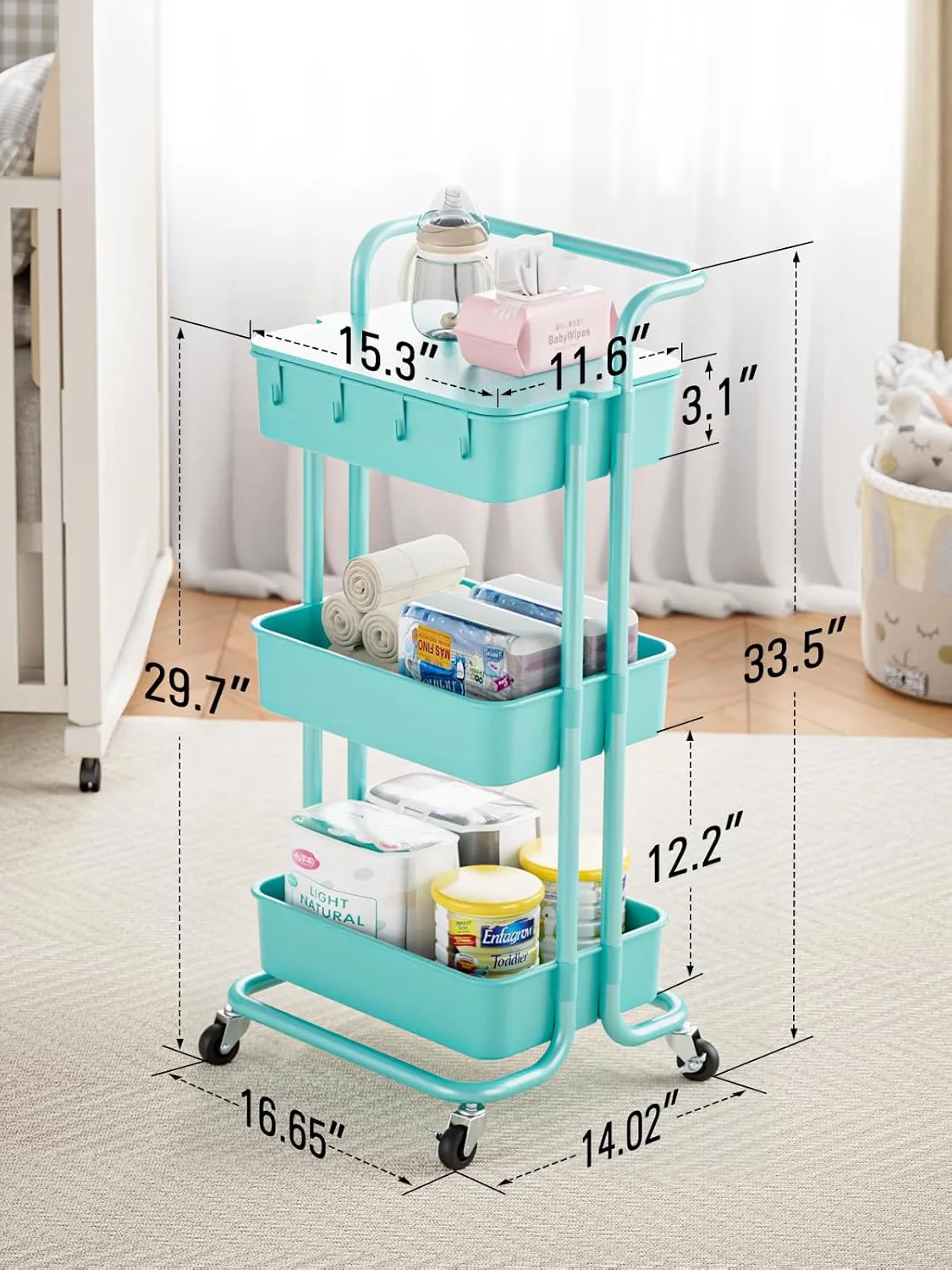 Pipishell 3 Tier Rolling Cart with Table Top, Utility Cart with Wheels & 4 Hooks, Rolling Storage Cart for Home Storage and Organization, Turquoise, PIUC09TB