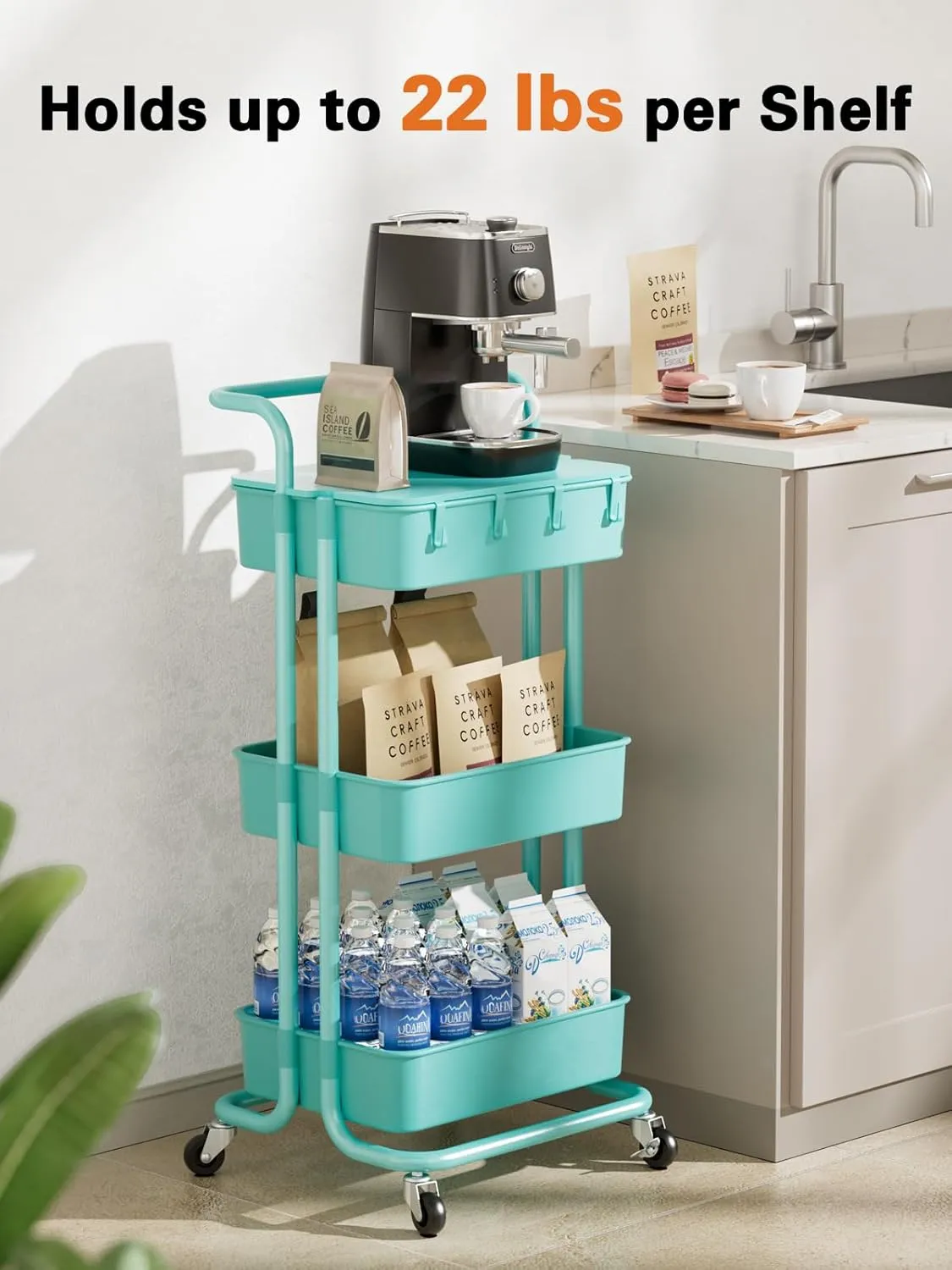 Pipishell 3 Tier Rolling Cart with Table Top, Utility Cart with Wheels & 4 Hooks, Rolling Storage Cart for Home Storage and Organization, Turquoise, PIUC09TB