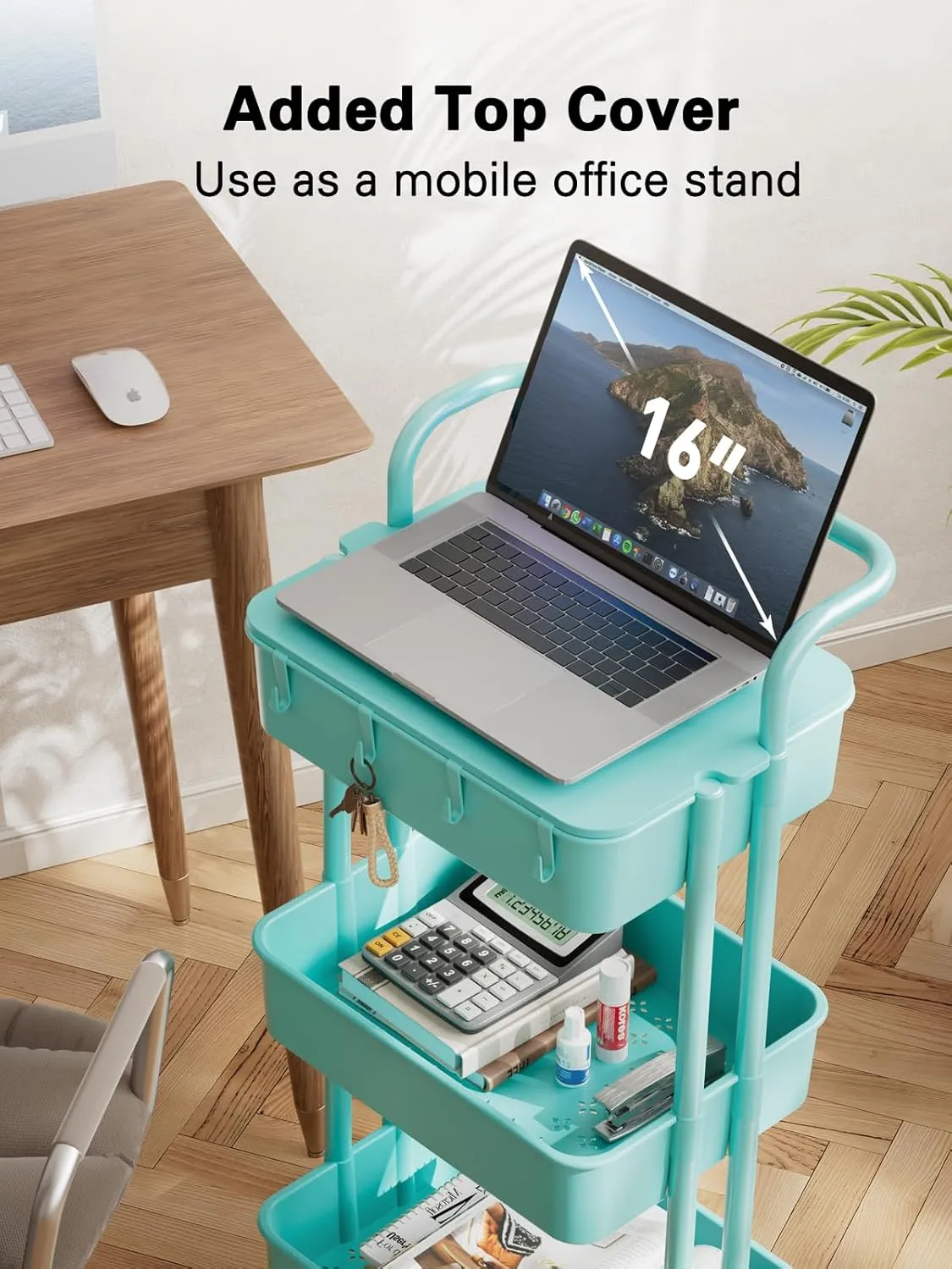 Pipishell 3 Tier Rolling Cart with Table Top, Utility Cart with Wheels & 4 Hooks, Rolling Storage Cart for Home Storage and Organization, Turquoise, PIUC09TB