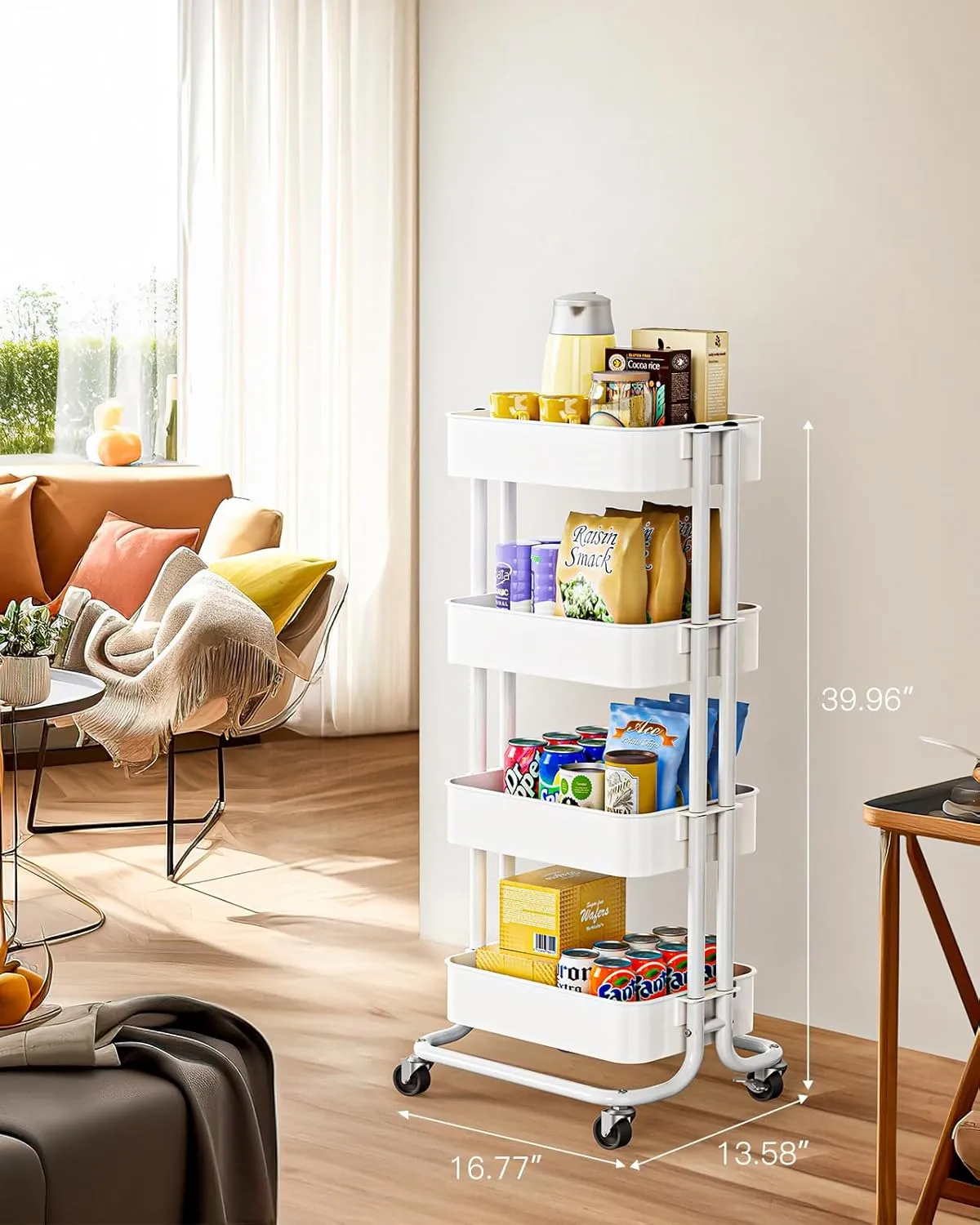 Pipishell 4 Tier Metal Rolling Utility Cart, Heavy-Duty Storage Rolling Cart with 2 Lockable Wheels, Multifunctional Mesh Organization Utility Cart for Kitchen Dining Room Living Room, PIUC13W