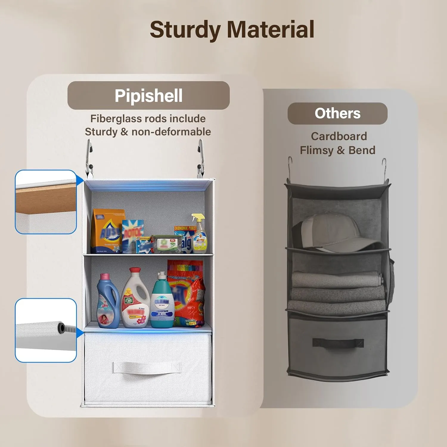 Pipishell 6-Shelf Hanging Closet Organizer, Hanging Shelves with 2 Separable 3-Tier Shelves, Closet Shelves Organizer with 3 Removable Drawers for Wardrobe, Nursery, Baby Clothes Organizer, White