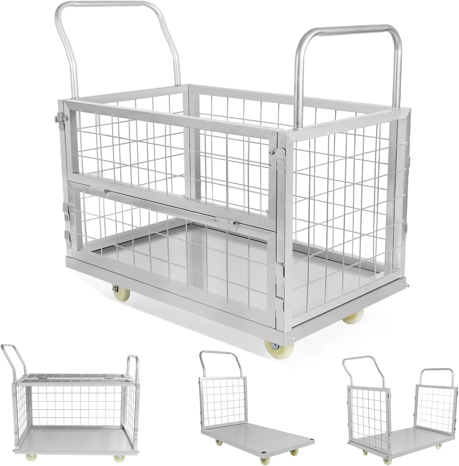 Platform Truck Cart with Cage,5IN1 Multi-Functional Cage Cart,Heavy Duty Flatbed Cart Load 2500LBS,40"×24" Push Cart for Laundry,Grocery, Storage