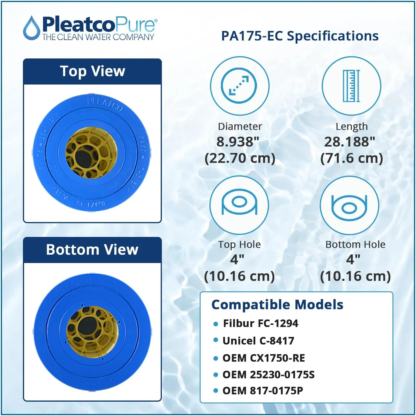 Pleatco PA175-EC Pool Filter Cartridge Replacement for Unicel: C-8417, Filbur: FC-1294, OEM Part Numbers: CX1750-RE, 25230-0175S, 817-0175P, White